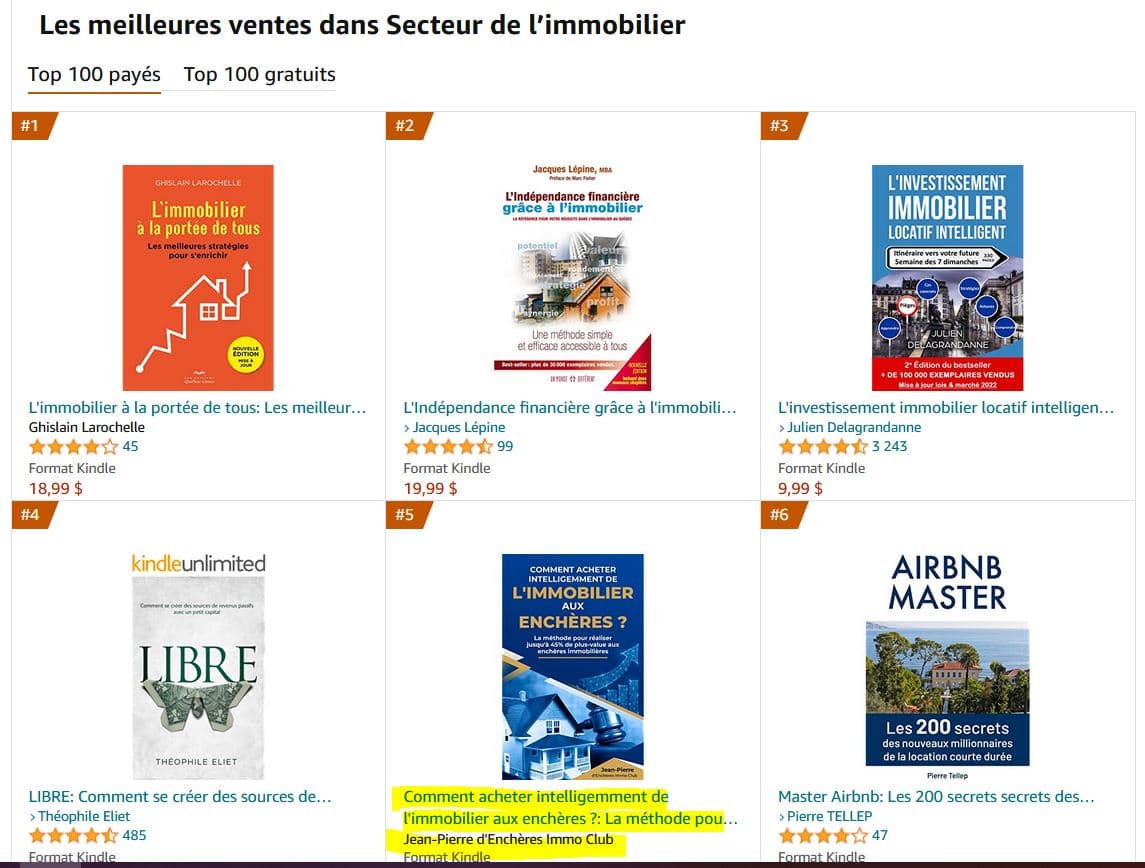 Le livre classé parmi les meilleures ventes du secteur Immobilier sur Amazon.