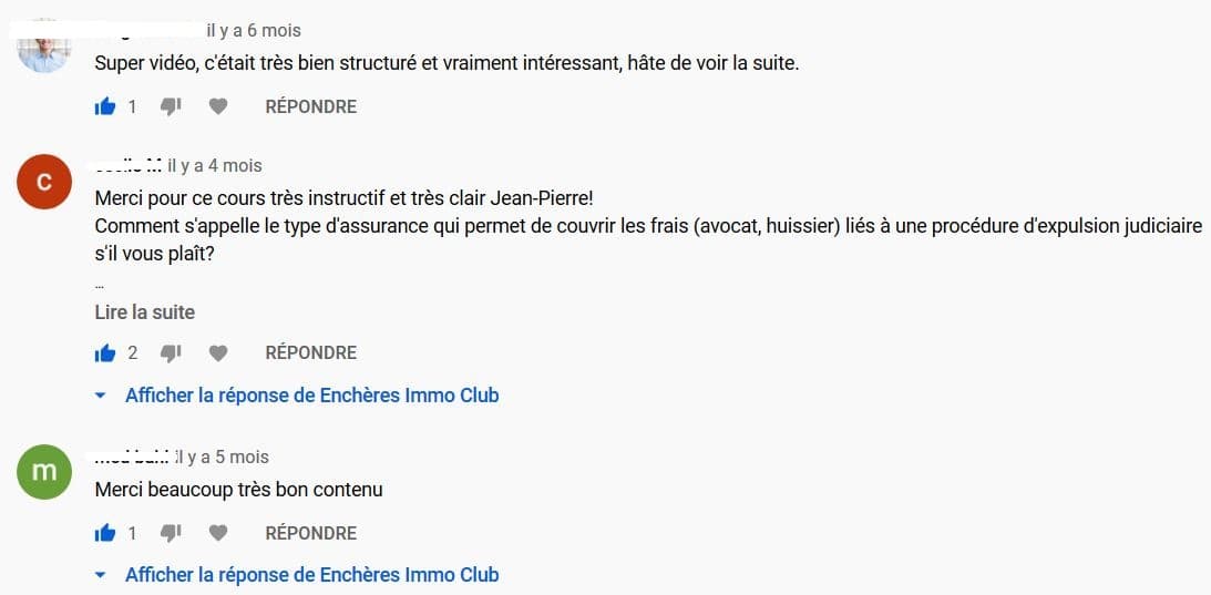 Commentaires laissés sous les vidéos de la chaîne Enchères Immo Club.